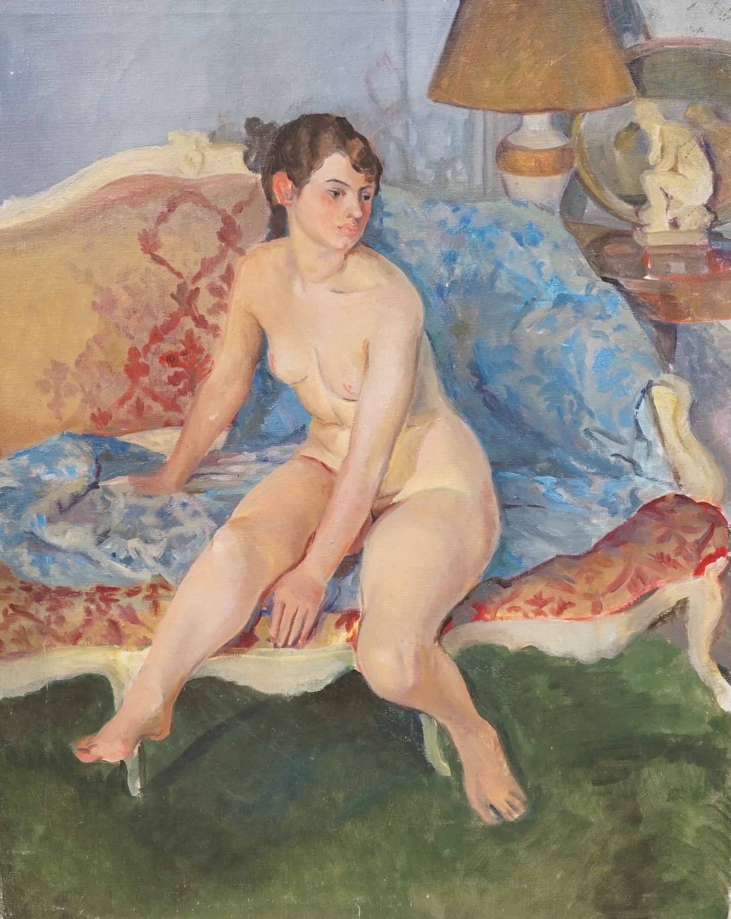 Dorothy King (1907-1990), oil on canvas, Seated female nude, inscribed verso ex. Studio, 71 x 56cm, unframed